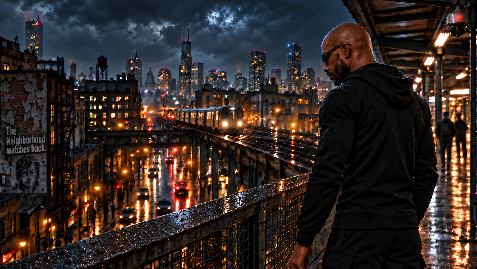 Bash overlooks rain-soaked Holloway from an elevated railing as a silver train approaches below, beneath a surveillance camera with a red indicator.