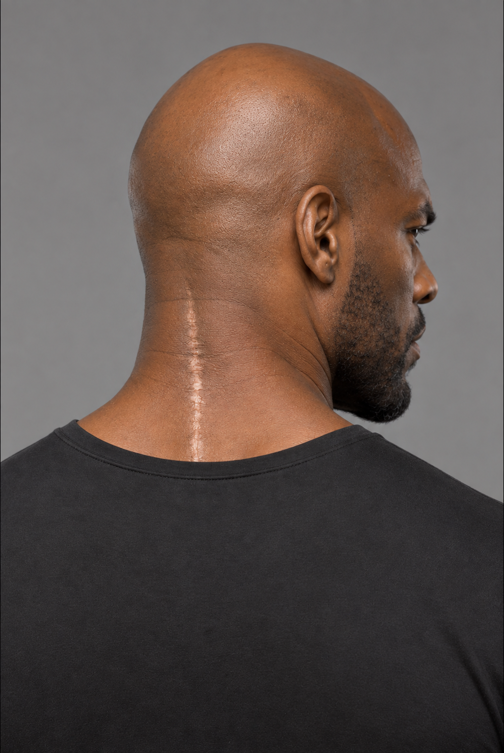 Bash Hayes in rear three-quarter view with his vertical neck scar visible