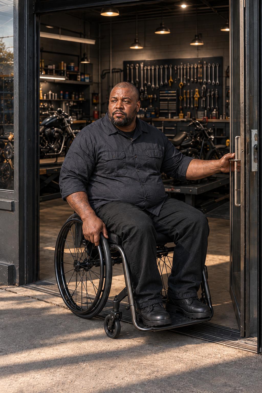 Jackson at the entrance to his motorcycle repair shop