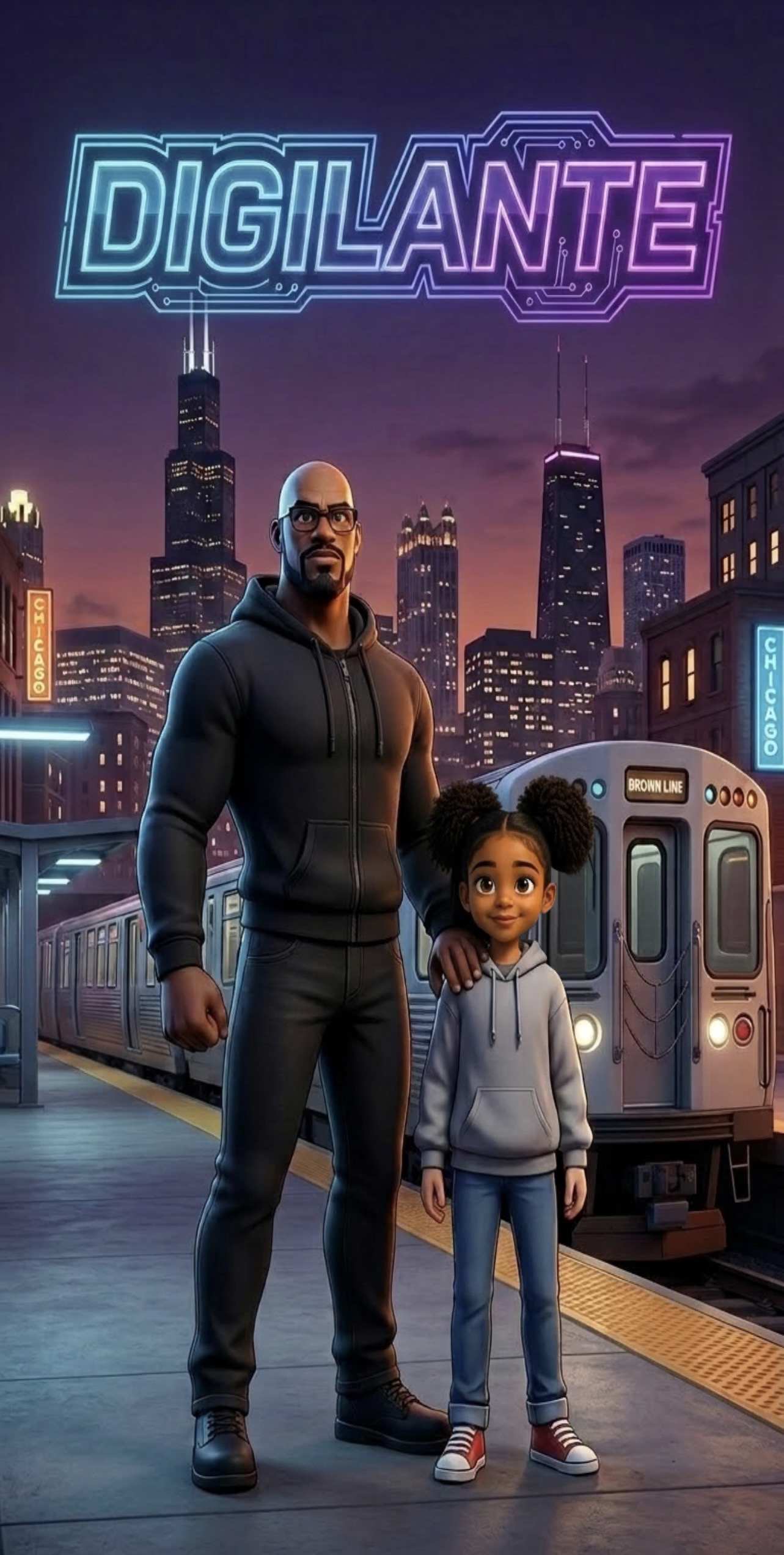 DIGILANTE™ game artwork featuring Bash and Sydney beside a Chicago train